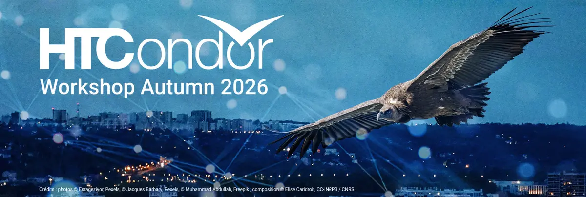 HTCondor Workshop Autumn 2026 banner showing a condor flying over the Lyon skyline